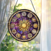 Zodiac Sun Stained Glass Suncatcher, Round Astrology Constellation Window Panel, Celestial Horoscope Home Decor Gift